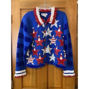 VTG Jack B Quick Sweater Christmas Santa Holiday Beaded Cardigan XL Patriotic